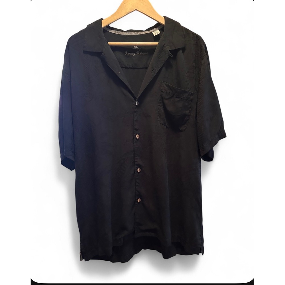 Tommy Bahama Mens XL Black 100% Silk Tropical Jacquard Short Sleeve Camp Shirt